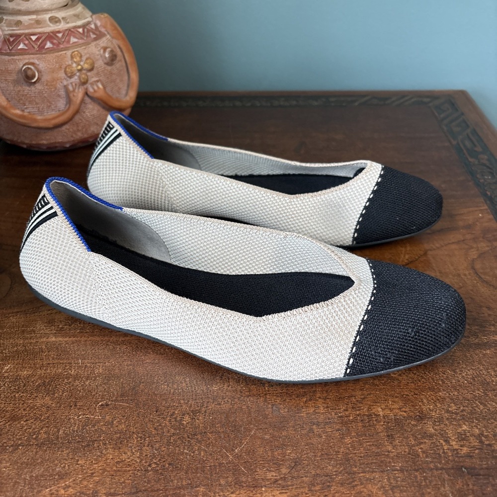 Rothy's Womens The Square Tuxedo Cream Black Knit Cap Toe Slip On Ballet 11.5